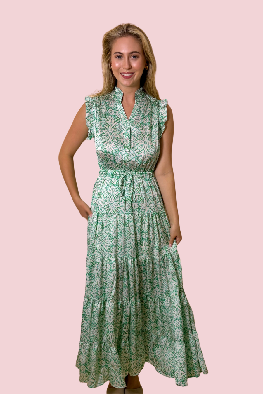 Greener Pastures Floral Maxi Dress with Ruffle Sleeves and Tiered Skirt