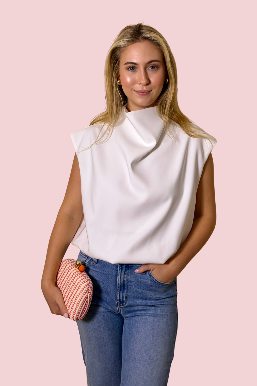 Modern Drape Sleeveless Mock Neck Top with Draped Fit and Lightweight Fabric
