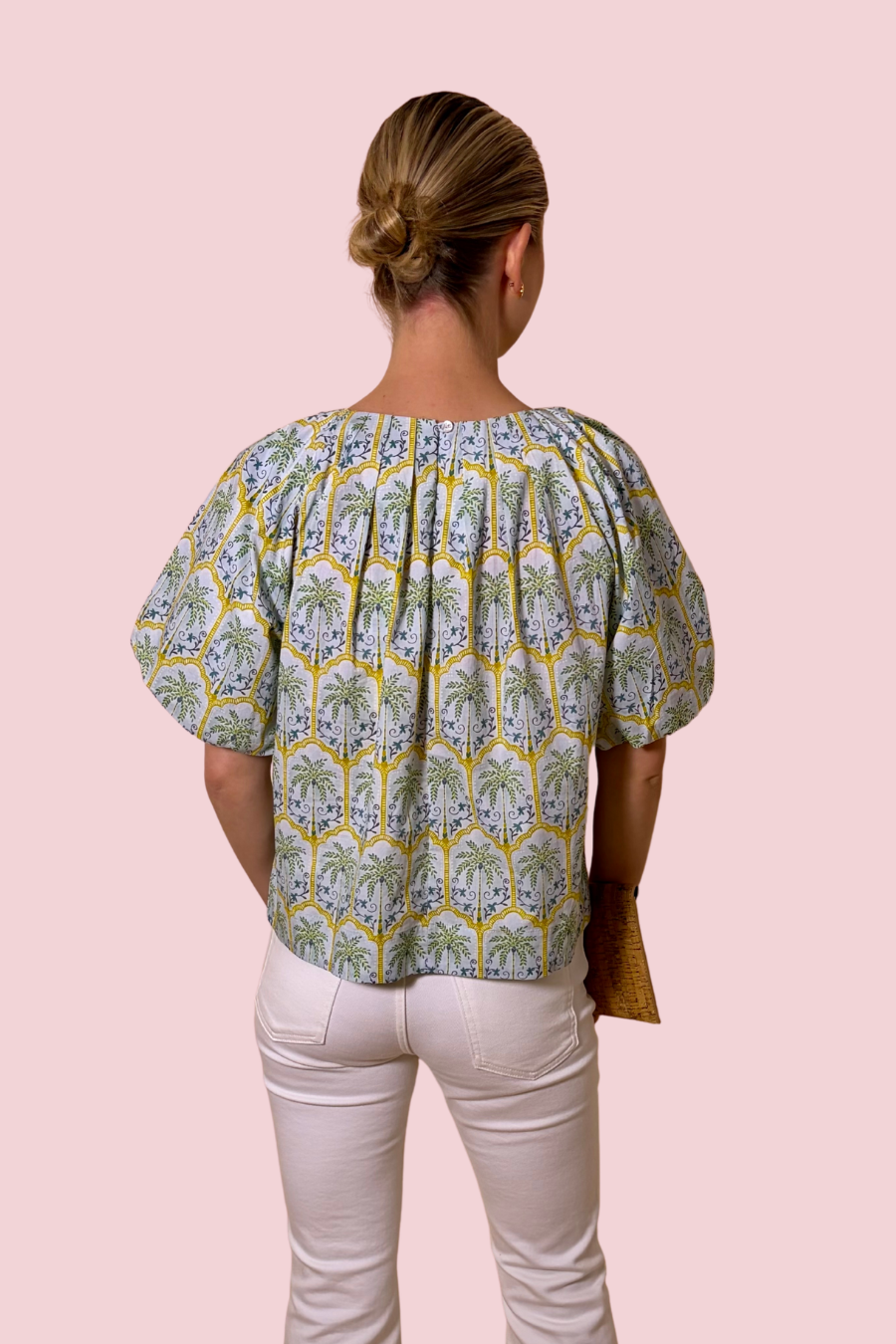 Island Time Palm Print Puff Sleeve Blouse for Summer