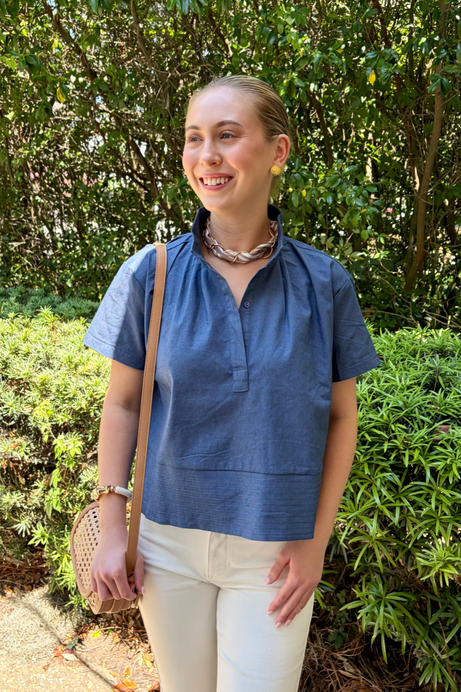 On My Way Women’s Blue Short Sleeve Collared Blouse with Pleated Hem