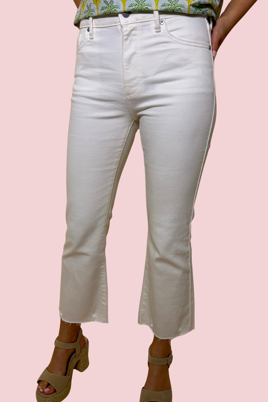 No Plans Just Vibes Women’s White Cropped Flare Jeans with Raw Hem