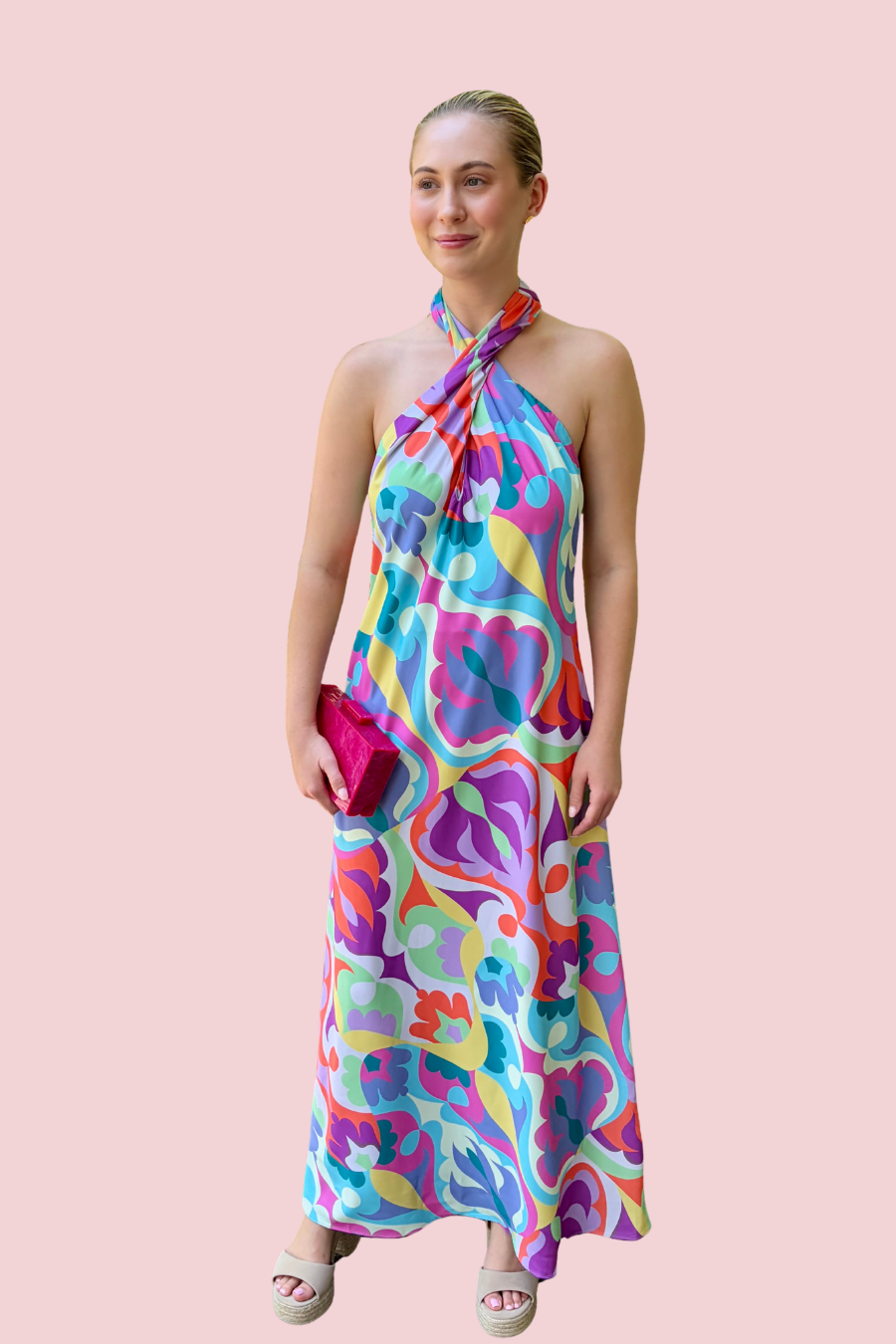 Summer Statement Colorful Abstract Floral Halter Maxi Dress