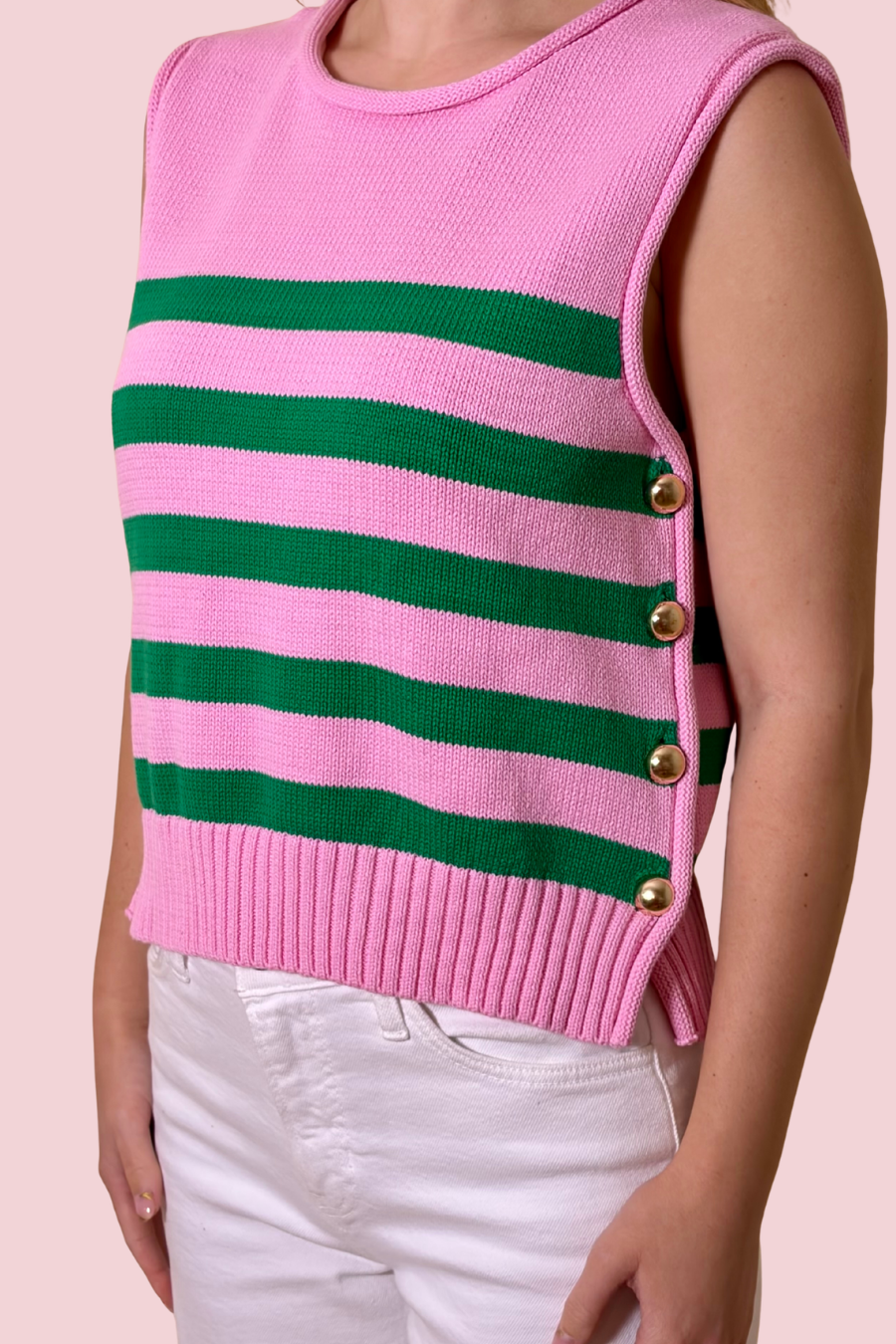 It All Lines Up Striped Sleeveless Knit Tank Top with Side Button Detail