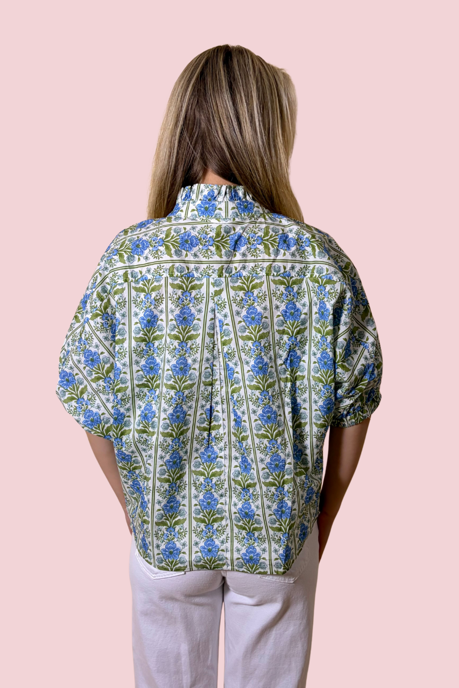 Cottage Club Blue Floral Puff Sleeve Blouse with Ruffle Neckline