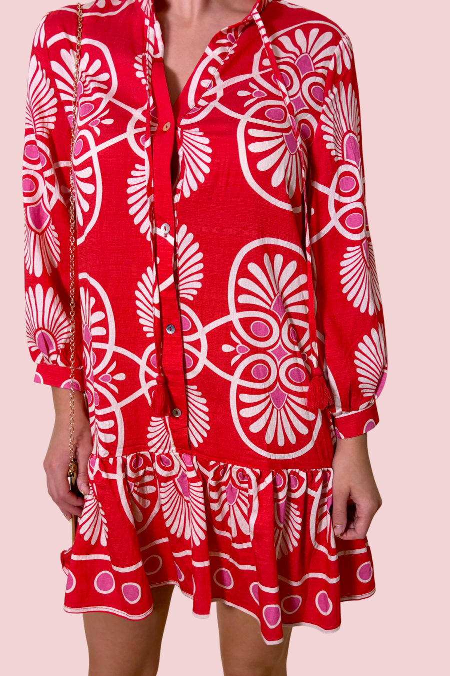 Vacation Mood Red and White Printed Mini Dress with Long Sleeves