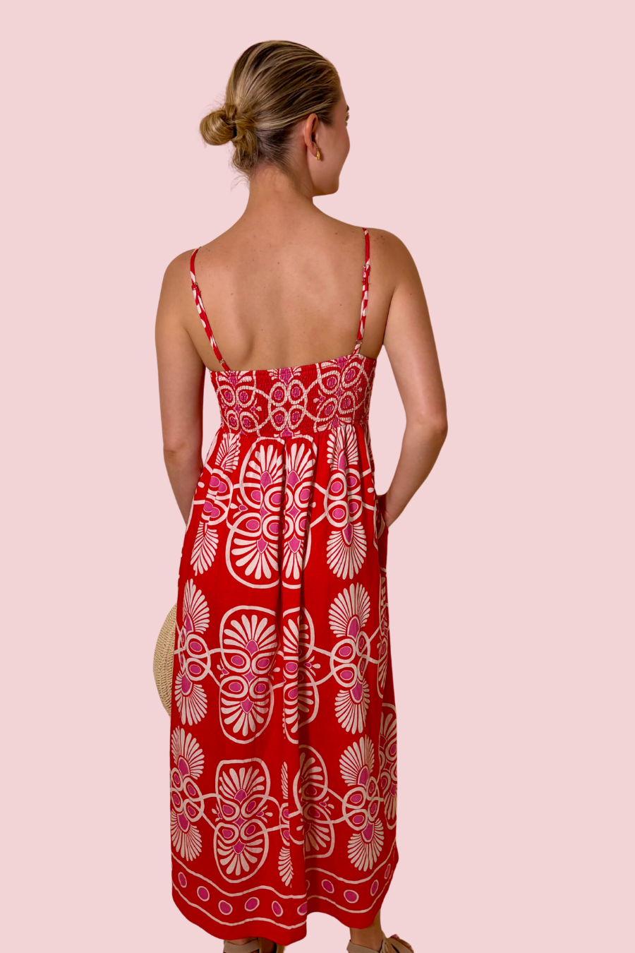 Vacation Mood Red and White Printed Maxi Dress with Adjustable Straps