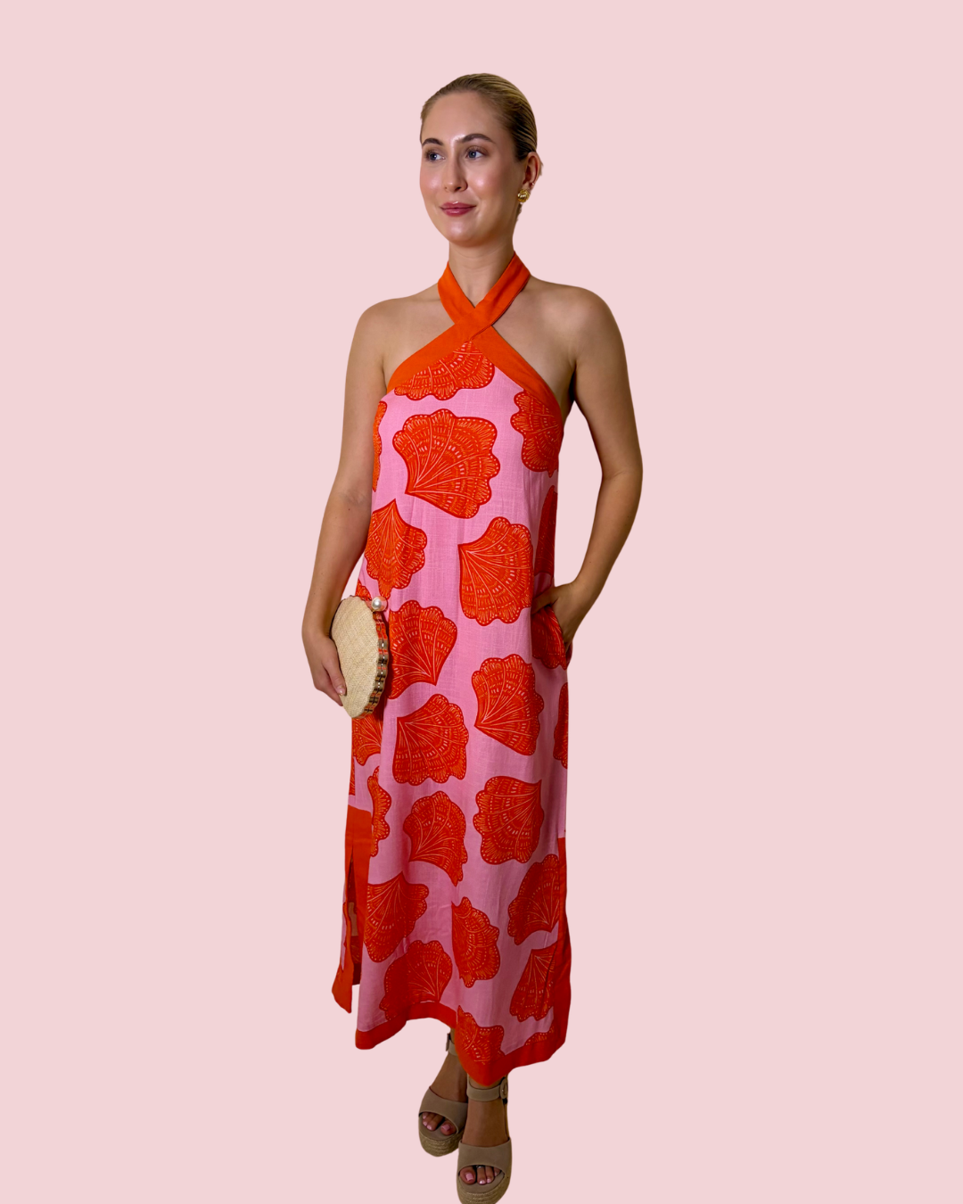 Sunset Sangria Pink and Orange Shell Print Halter Midi Dress