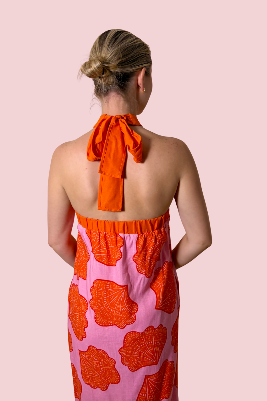 Sunset Sangria Pink and Orange Shell Print Halter Midi Dress