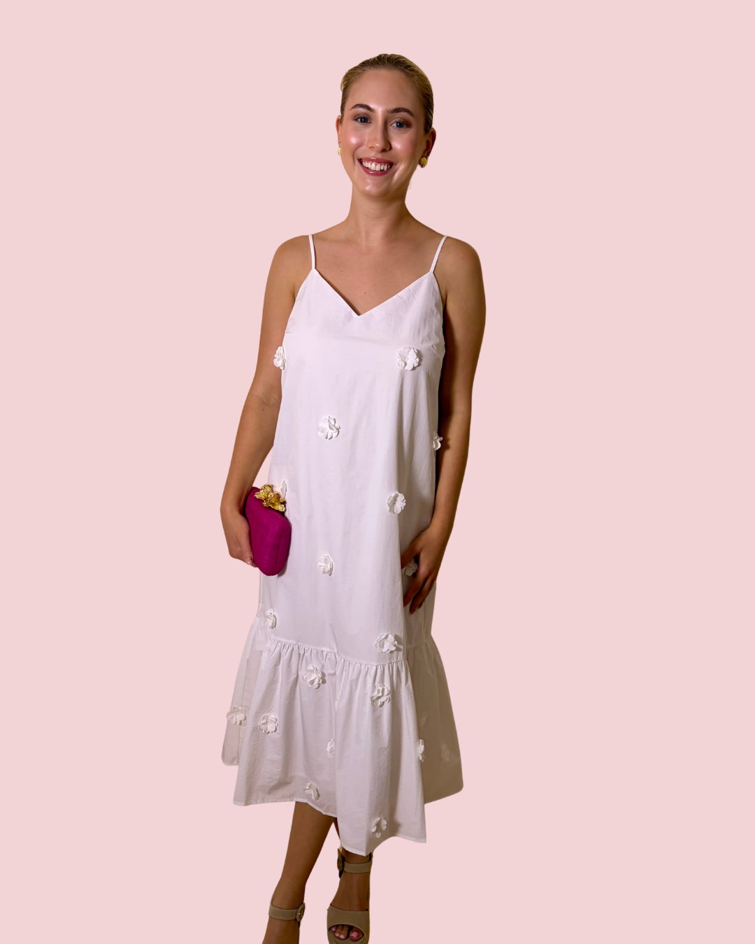You Grow Girl White Floral Appliqué Midi Dress with Spaghetti Straps and Tiered Hem