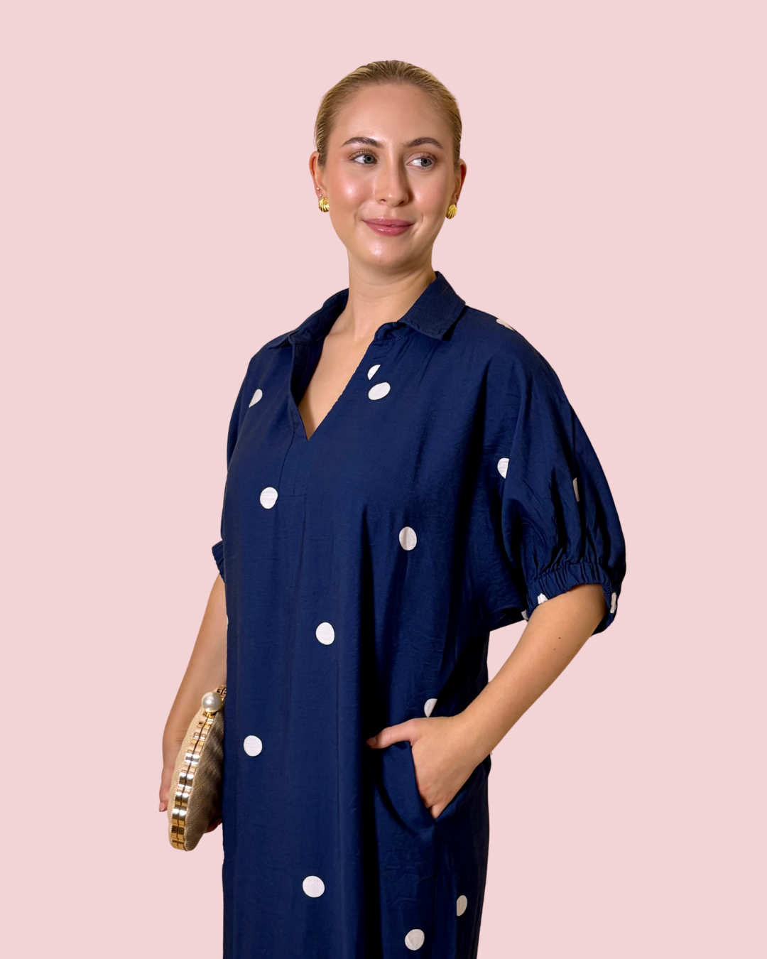 Nantucket Nights Polka Dot Maxi Shirt Dress with Collared Neckline and Pockets