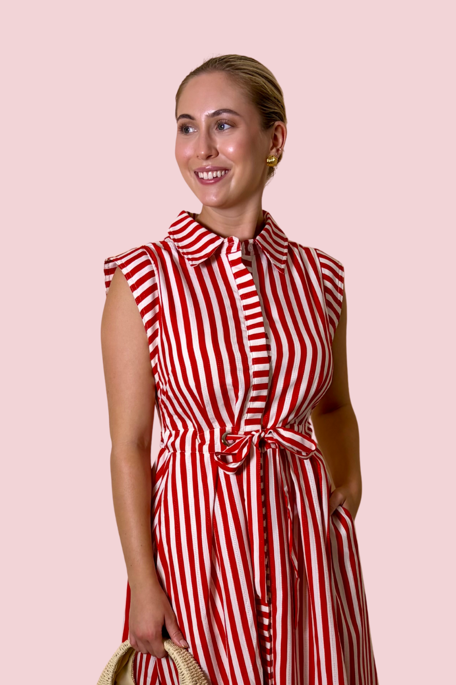 Baby You're a Firework Red and White Striped Midi Shirt Dress with Waist Tie