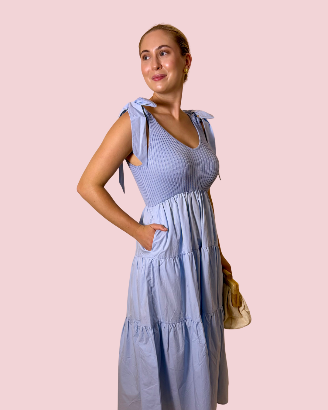 Blue Skies Light Blue Smocked Midi Dress with Tie Shoulder Straps