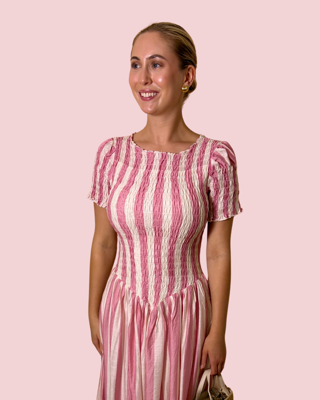 Soft Girl Summer Pink Stripe Smocked Midi Dress with Puff Sleeves