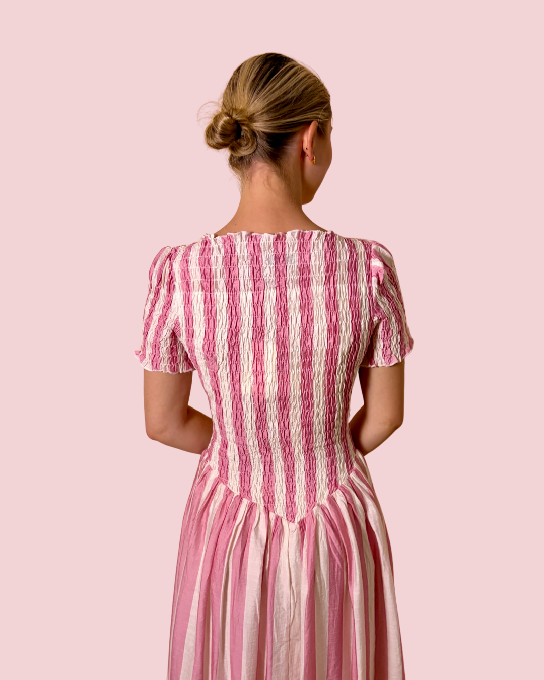 Soft Girl Summer Pink Stripe Smocked Midi Dress with Puff Sleeves