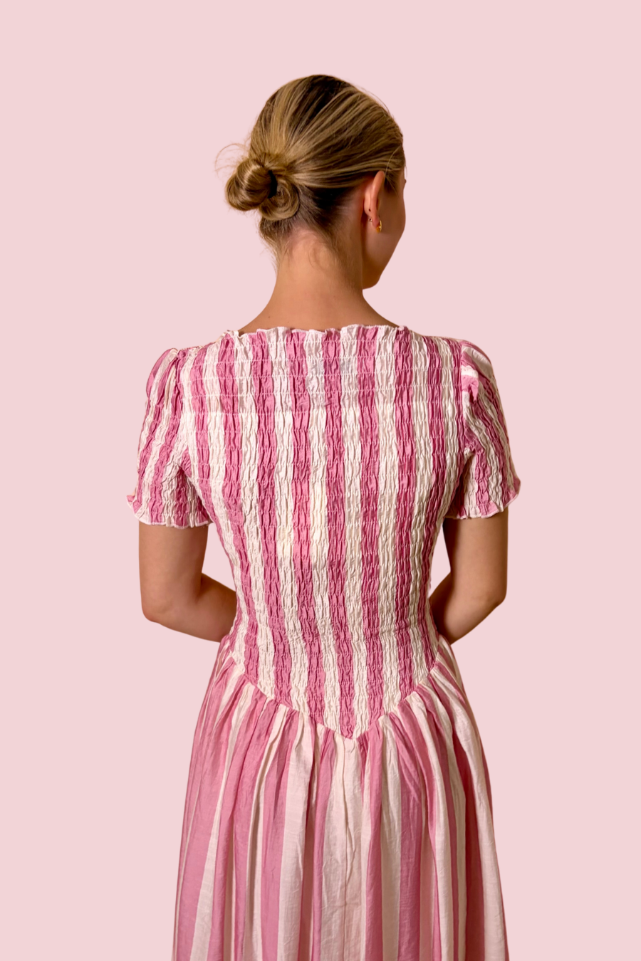 Soft Girl Summer Pink Stripe Smocked Midi Dress with Puff Sleeves