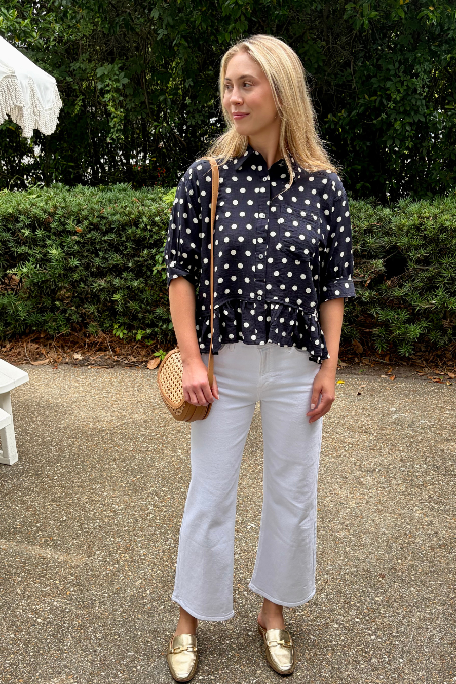 Pretty Little Plans Polka Dot Button Front Blouse with Ruffle Hem