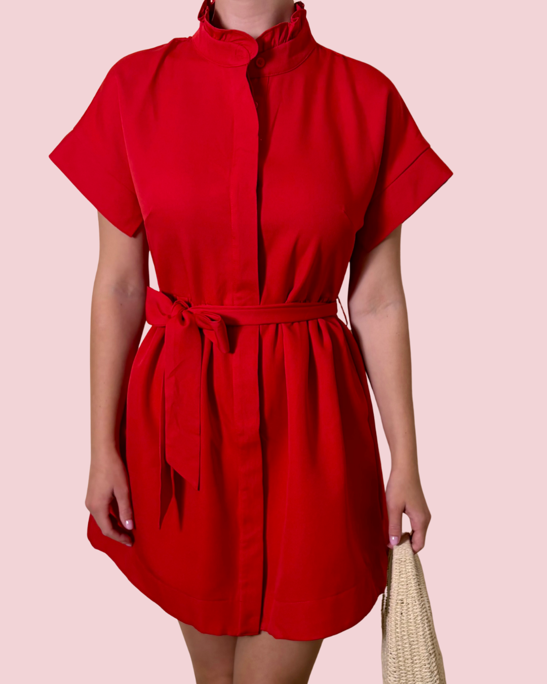 Got My Attention Red Tie Waist Shirt Dress with Stand Collar and Short Sleeves
