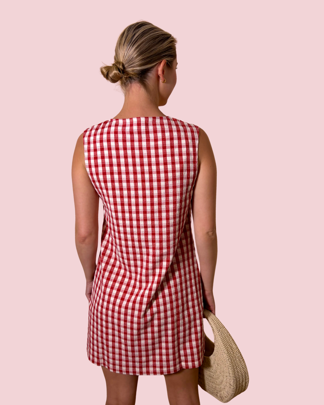 Cherry Picked Red Gingham Button Front Shift Dress with Sleeveless Silhouette
