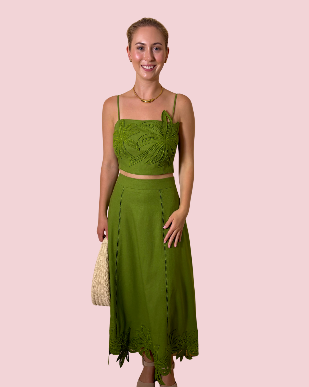 Olive Grove High Waisted Embroidered Midi Skirt with Botanical Hem Detail