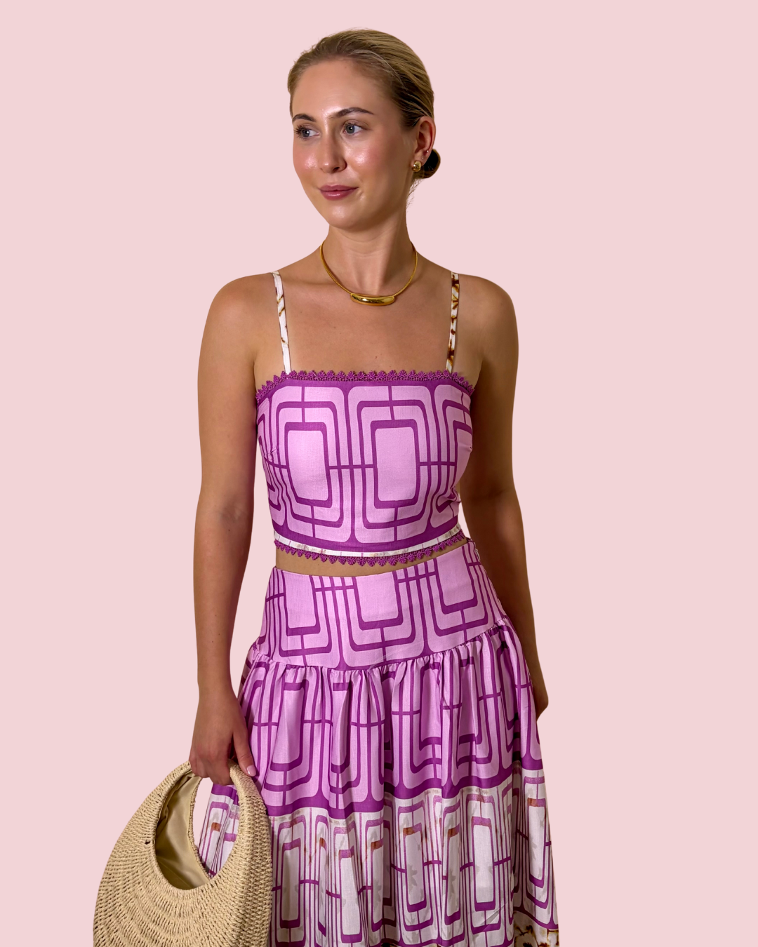 Best Dressed Pink Printed Two-Piece Maxi Skirt Set