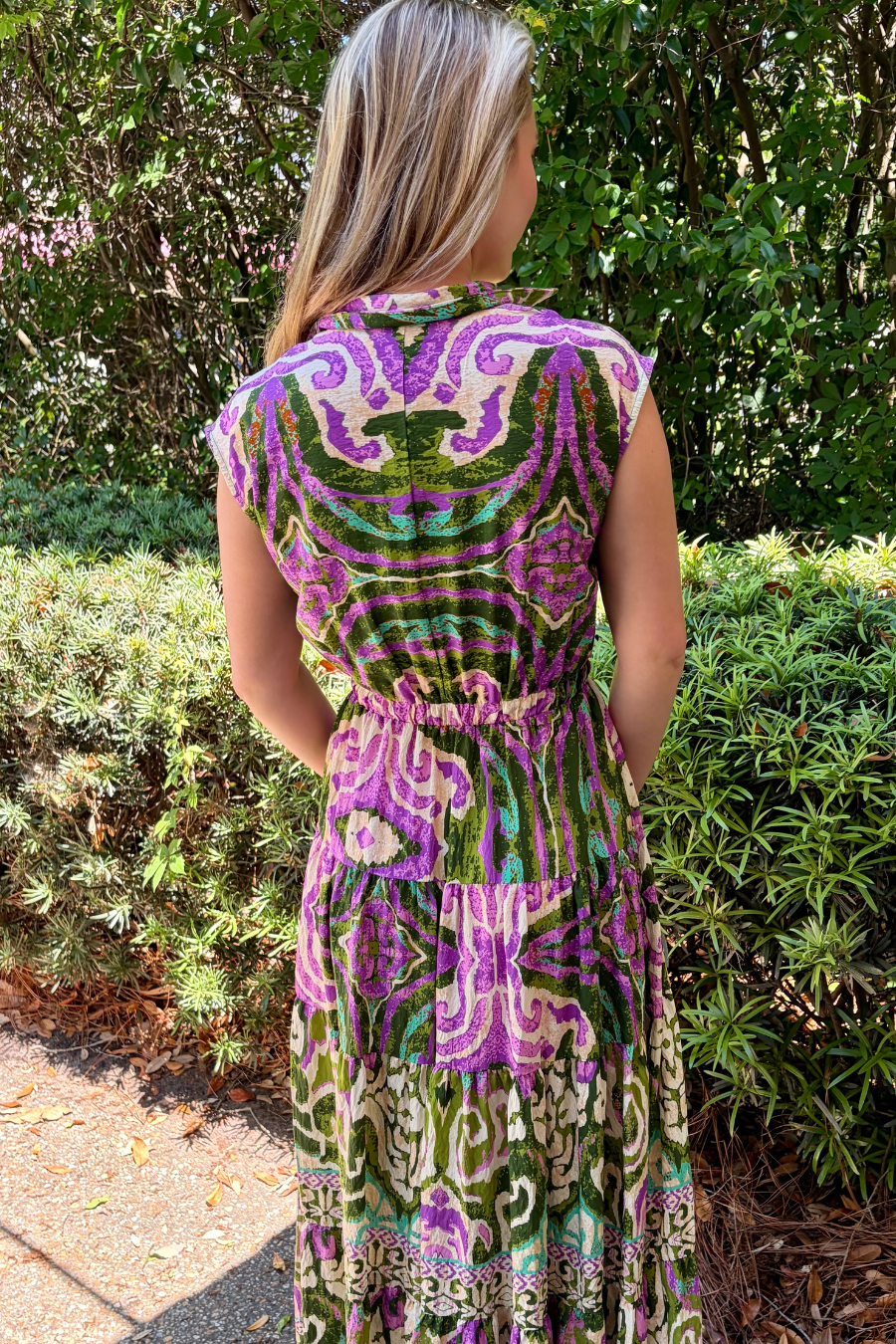 Tropical Dream Green and Purple Printed Maxi Dress with Cap Sleeves and Tiered Skirt