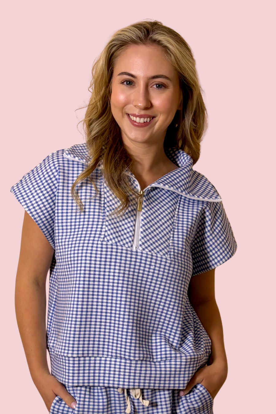 Everyday Ease Blue Gingham Zip Up Top with Short Sleeves and Relaxed Fit