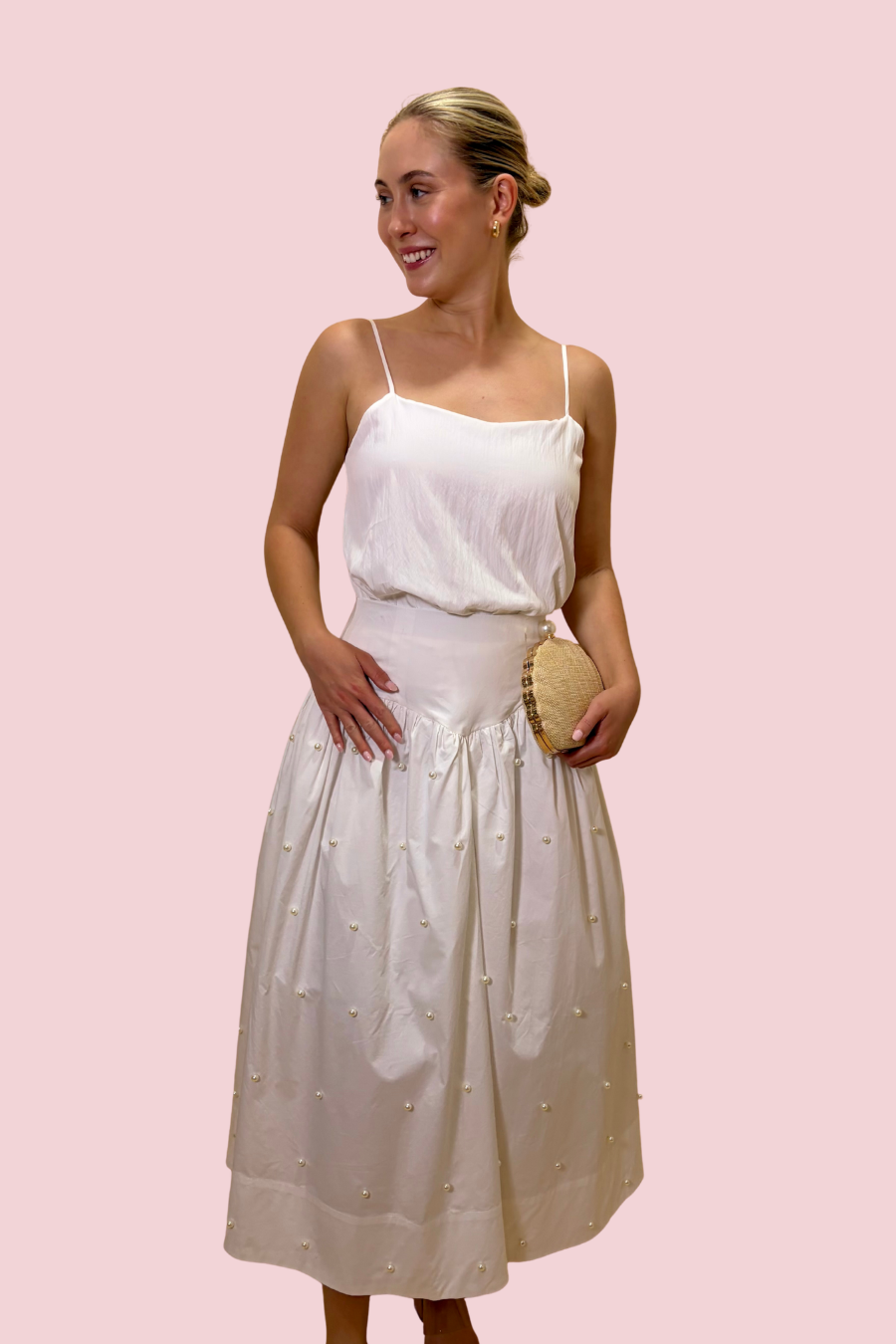 Isn't She Stunning Pearl Embellished Midi Skirt with High Waist and Flowy Fit