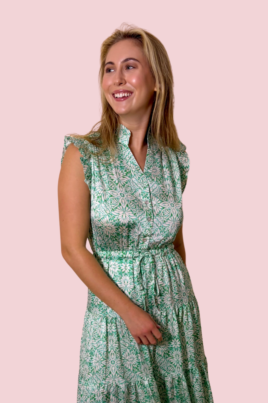 Greener Pastures Floral Maxi Dress with Ruffle Sleeves and Tiered Skirt