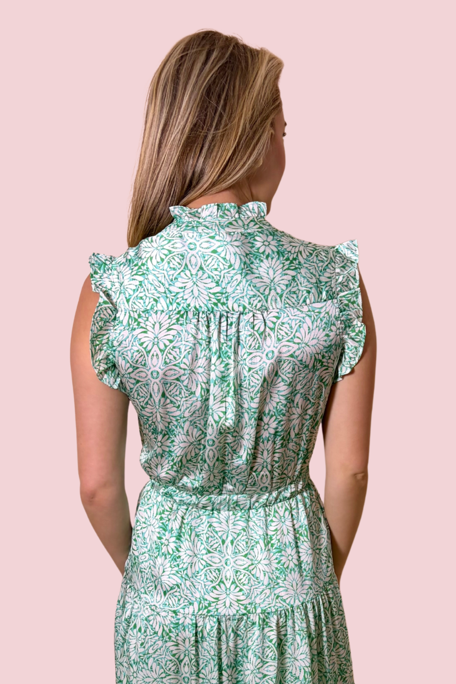 Greener Pastures Floral Maxi Dress with Ruffle Sleeves and Tiered Skirt