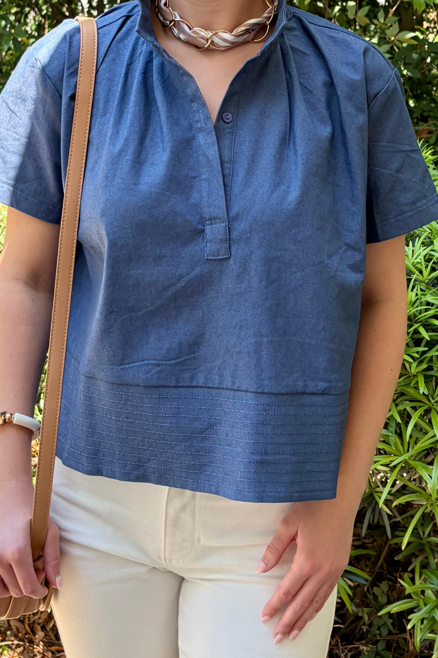 On My Way Women’s Blue Short Sleeve Collared Blouse with Pleated Hem