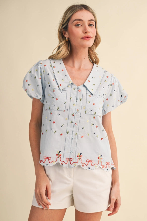 In Full Bloom Floral Embroidered Button-Up Blouse