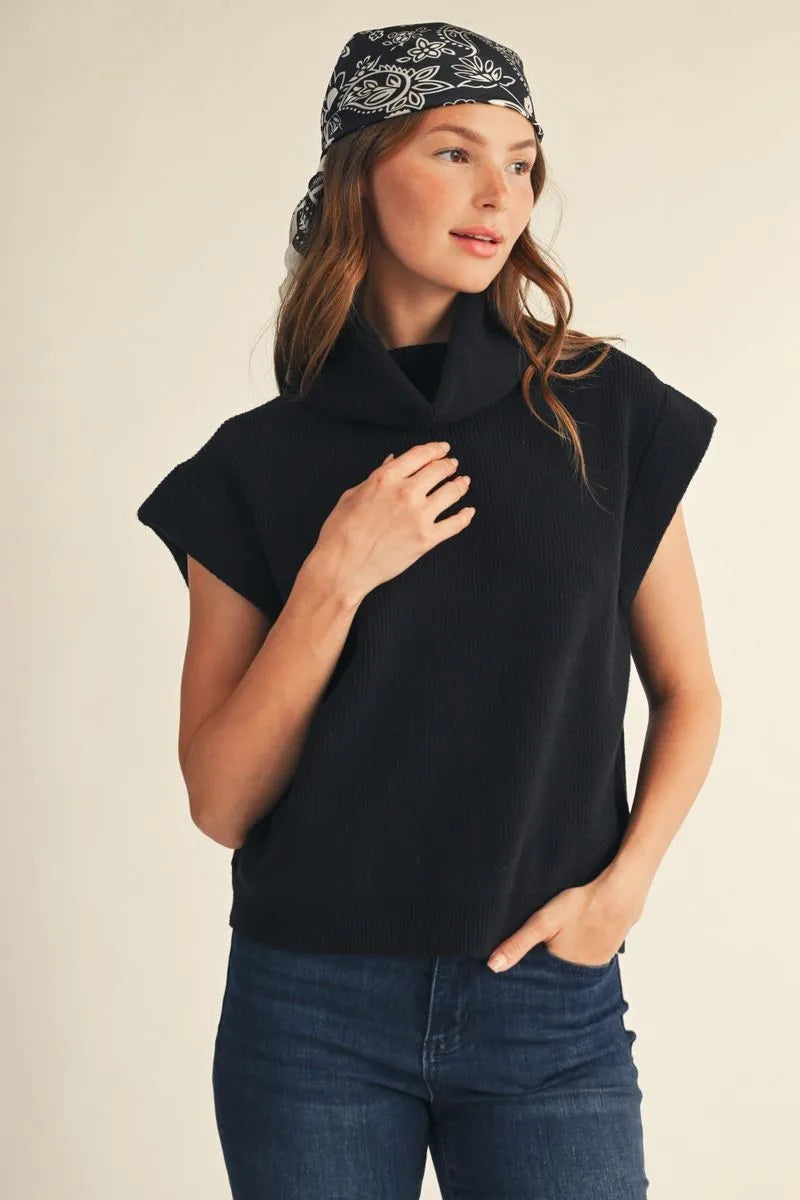 Soft Landing Mock Neck Knit Top with Cap Sleeves