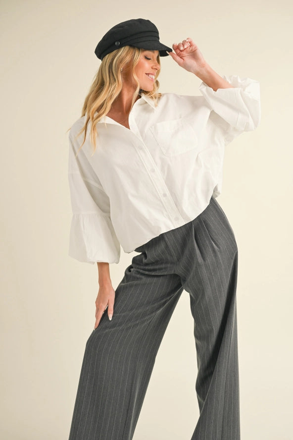 Statement Cuff Oversized Button-Down Shirt with Bell Sleeve Cuffs