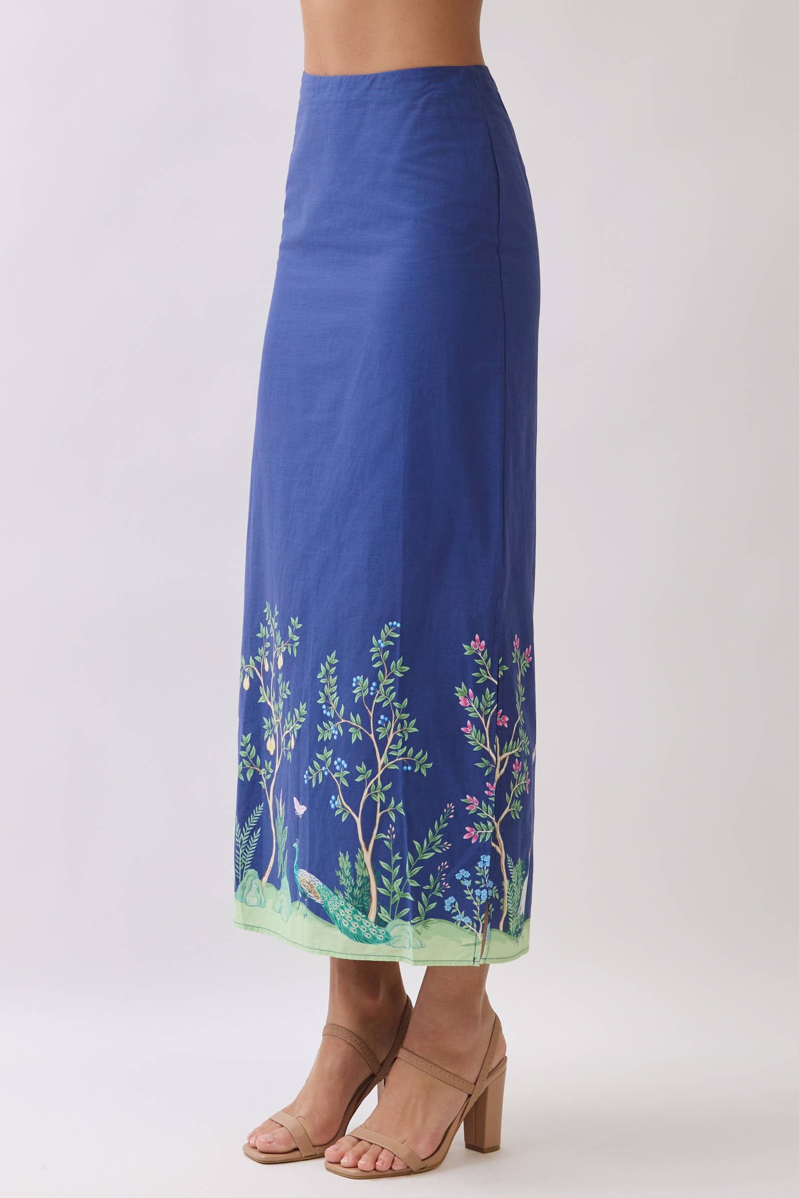 Vine and Vogue Blue Botanical Print Maxi Skirt