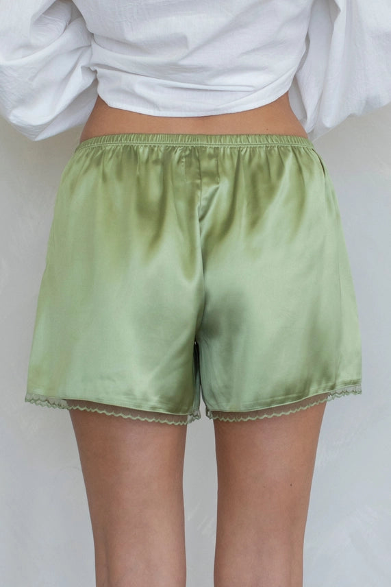 Satin Sweetheart Green Satin Lounge Shorts with Scalloped Trim Detail