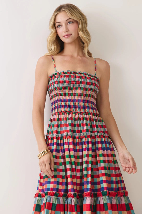 Checkmate Multicolor Plaid Check Tiered Maxi Dress