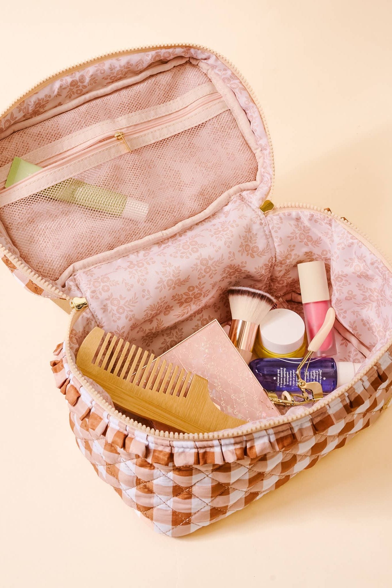 Glam & Go Quilted Cosmetic Bag-Maple Gingham