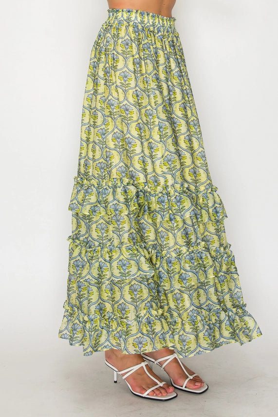 Adelaide Floral Print Tiered Ruffle Maxi Skirt with Elastic Waist
