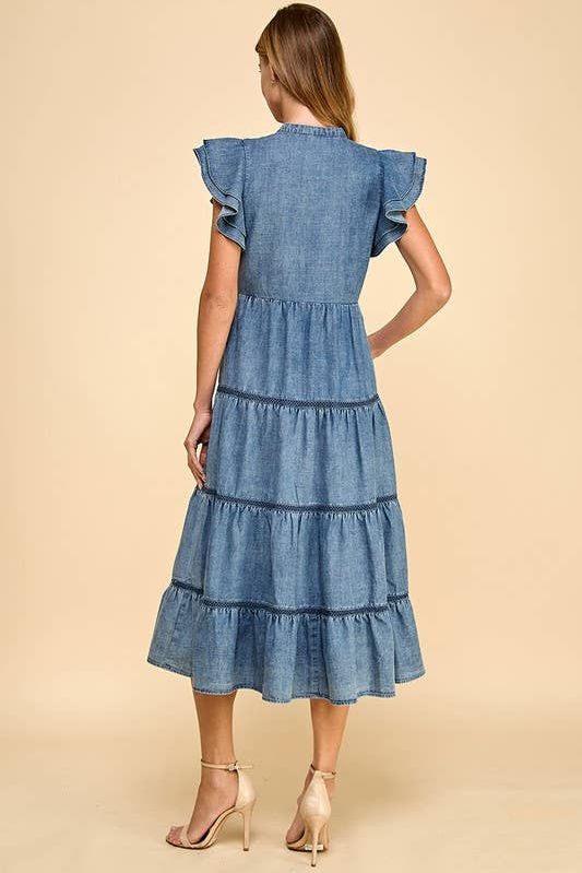 CD05229-Denim Button Down Ruffle Sleeves Midi Dress