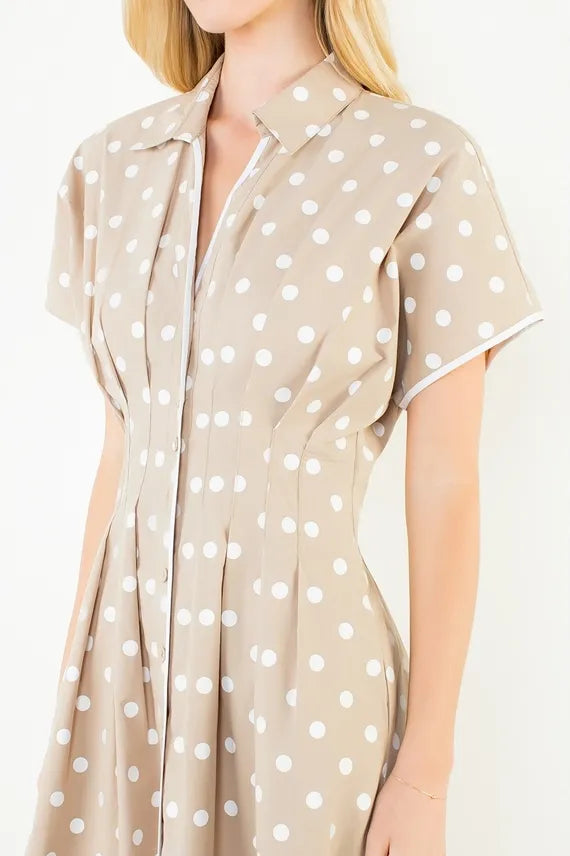 Dot Dot Polka Dot Button Front Collared Dress with Smocked Waist
