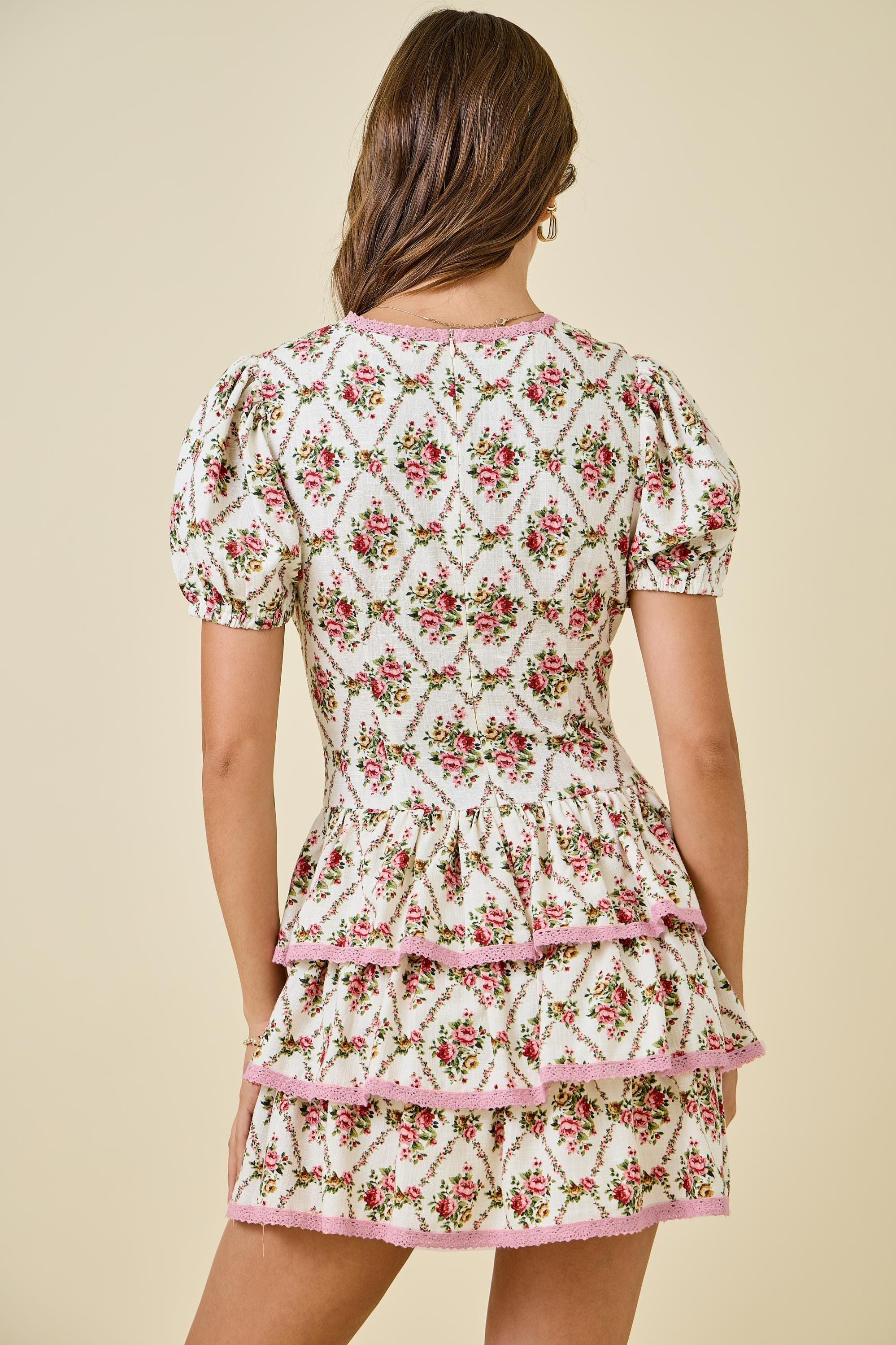 Floral Romper Dress with Contrast Lace