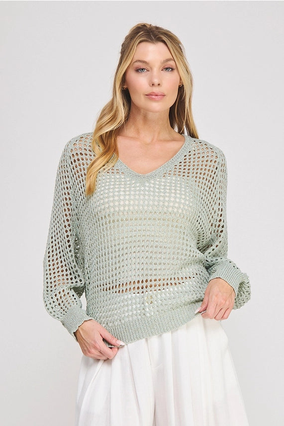 Textured Ease Sheer Knit Sweater Top with Long Sleeves and Breathable Open Stitch Design