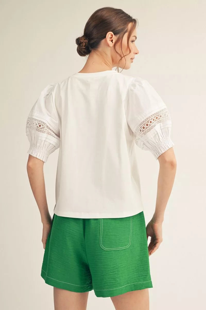 Good Taste Puff Sleeve Top with Crochet Lace Detail