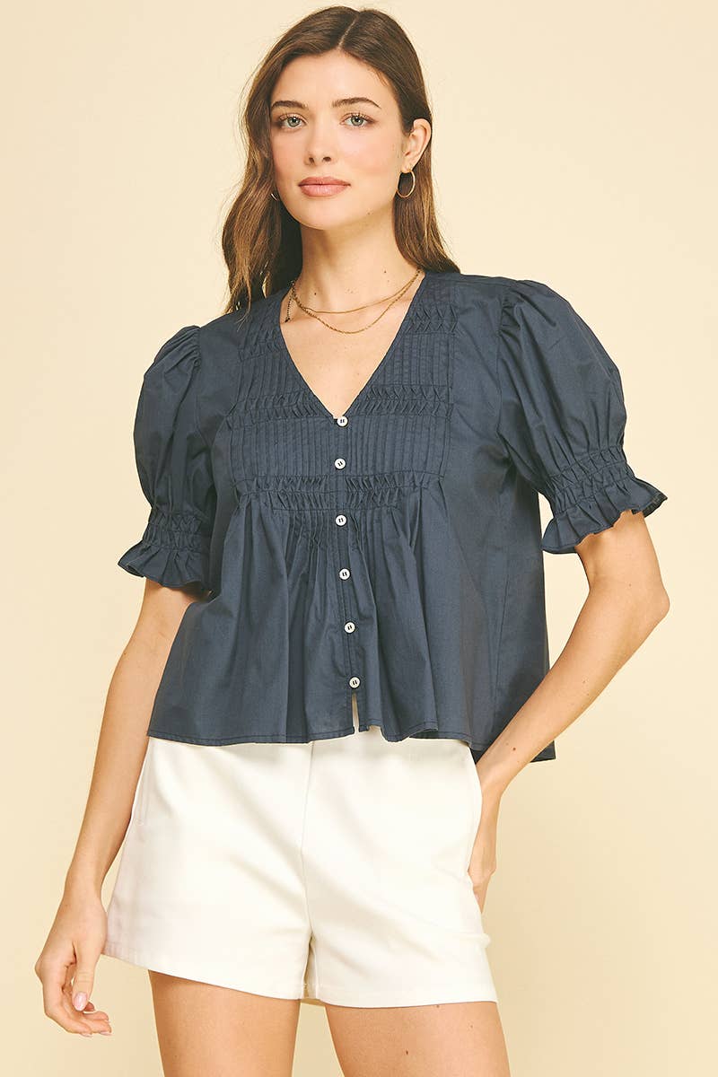Polished & Pretty Puff Sleeve Button Front Blouse with Pintuck Detail and V-Neckline