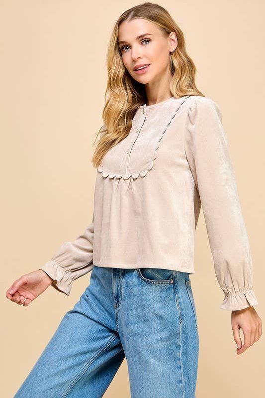 Suede Scalloped Neckline Detail Top
