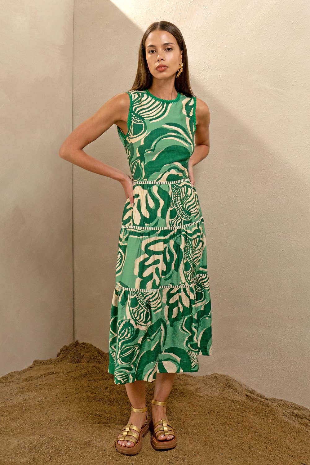 Alva Leaf Print Tiered Maxi Dress