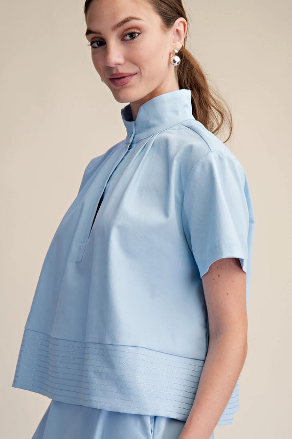On My Way Women’s Blue Short Sleeve Collared Blouse with Pleated Hem