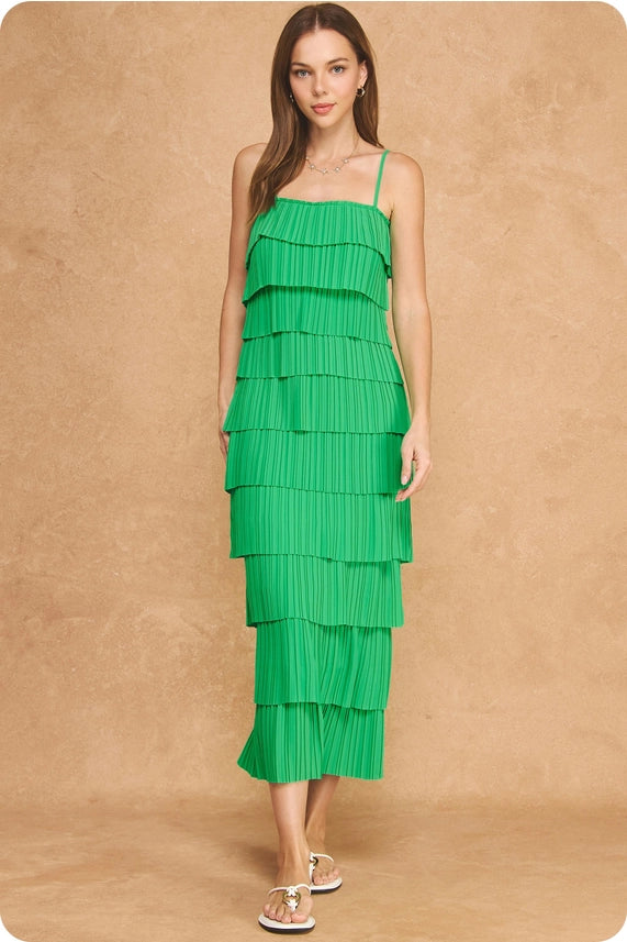 Layered Luxe Tiered Maxi Dress with Pleated Layers and Adjustable Straps