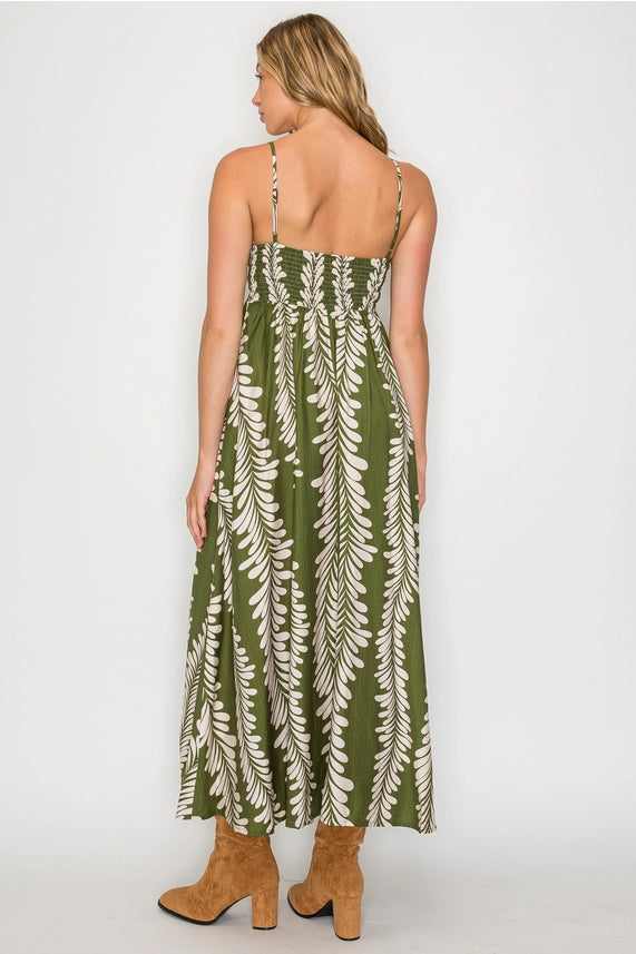 Leaf It to Chance Olive Green Leaf Print Smocked Maxi Dress with Spaghetti Straps