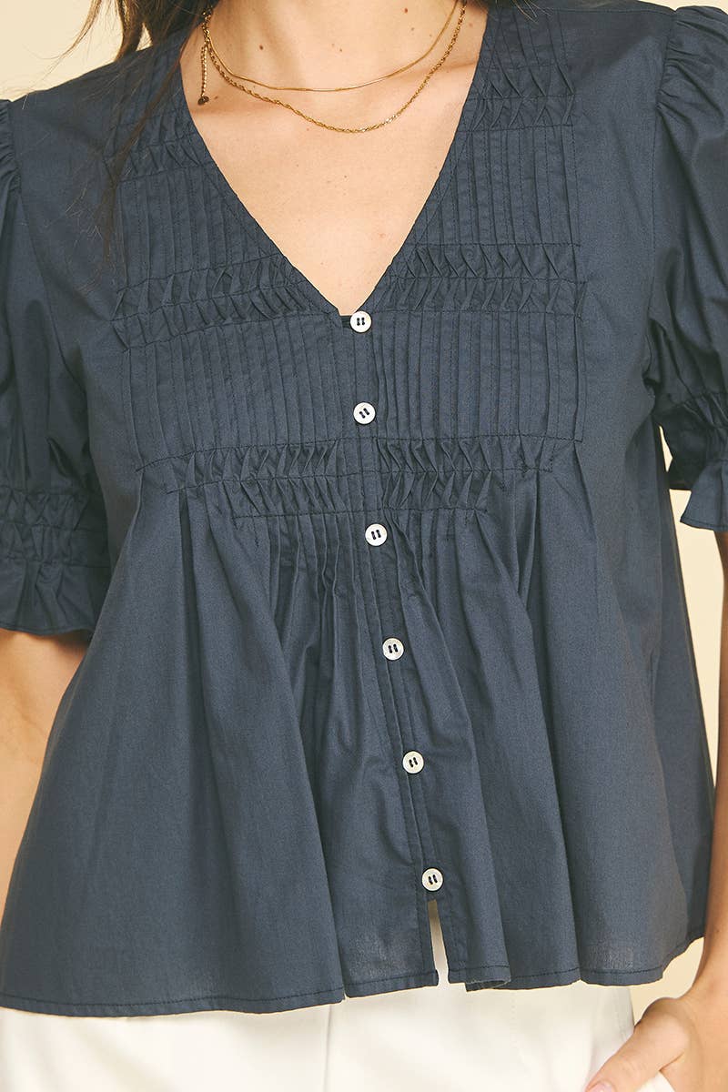 Polished & Pretty Puff Sleeve Button Front Blouse with Pintuck Detail and V-Neckline